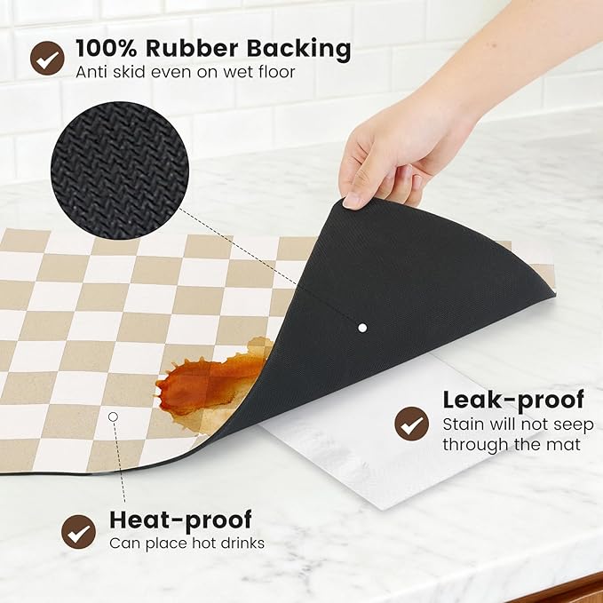 16" x 24" Checkered Dish Drying Mat for Kitchen Counter, Absorbent Coffee Bar Mat for Espresso Machine Coffee Countertops Accessories (Khaki)