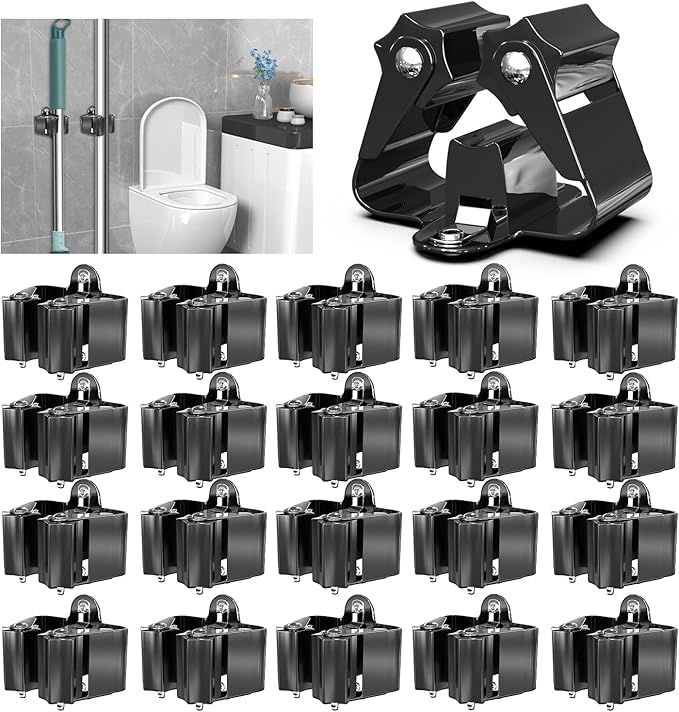 3-H Stainless Steel Broom Holder Wall Mount 20-Pack- Heavy Duty Mop Organizer, Wall Mounted Broom Storage with Secure Mounting for Kitchen Laundry Garage Bathroom (Space Saving)