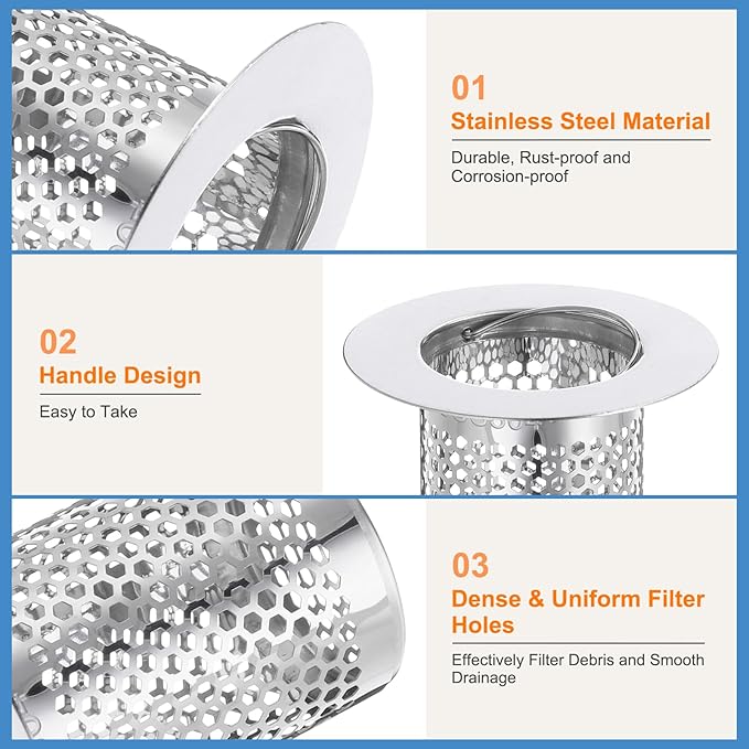 uxcell 3 Pack Shower Drain Strainer, 3.1" x 2.5" Stainless Steel Floor Drain Strainer Deep Sink Hair Catcher for Kitchen Bathroom Balcony Floor Drain, Fit Hole Size from 1.57" to 2.56"
