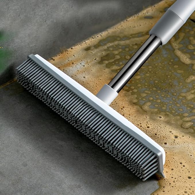 Pet Hair Removal Broom Long Handle Adjustable Carpet Rake Cat Dog Hair Remover Rubber Broom with Built in Squeegee Lint Remover Brush for Carpets Couch Rugs Mats Stairs (53inch)