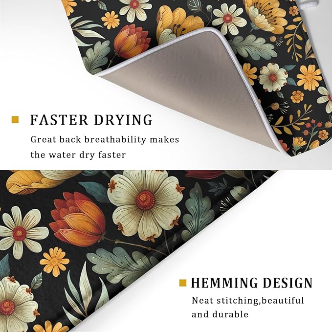 Vintage Boho Floral Dish Drying Mat for Kitchen Counter,Yellow Beige Black Spring Flower Drying Mat 18 x 24 Inch with Absorbent Reversible Microfiber Drying Pad for Coffee Bar
