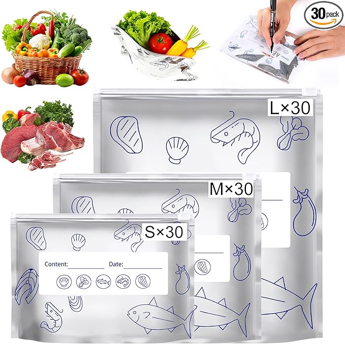 30PCS Reusable Aluminum Foil Sealable Storage Bags,Upgrade Reusable Aluminum Foil Storage Bags,Stand Up Foil Sealable Bags with Label and Zip Lock for Vegetable Fruit Meat(3 Size）