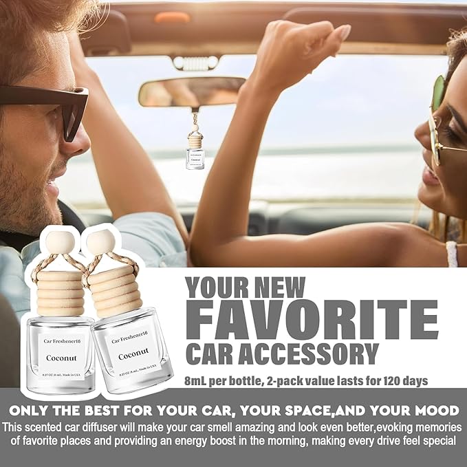 HoogaLife Car Air Freshener Diffuser 2 Pack Hanging Air Freshener Diffuser - Coconut Fragrance Oil Air D iffuser for Car, 45+ Days Long Lasting Fragrance Made in USA (C16)
