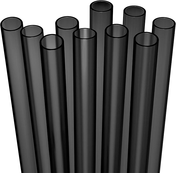 10 EXTRA WIDE Long Reusable Black Hard Plastic Drinking Straws + Cleaning Brush - Fat Thick Large Jumbo Straws for Smoothies and Milkshakes - Black - Dishwasher Safe BPA Free