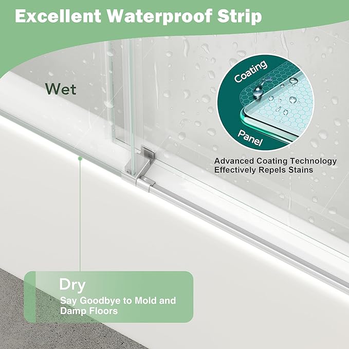 KPUY Frameless Sliding Bathtub Door, 55-60" W x 60" H Tub Shower Door, 1/4" (6mm) Thick Tempered Clear Glass with Explosion-Proof Film Nano Coating, Brushed Nickel