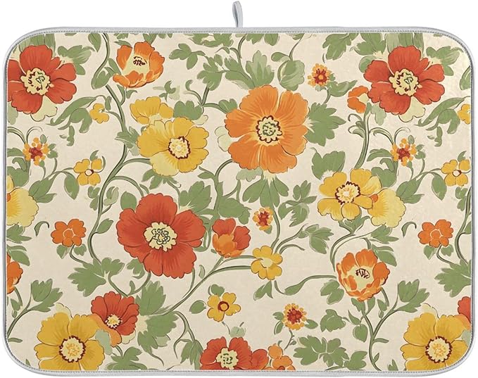Retro Yellow Orange Flowers Dish Drying Mat for Kitchen Counter Absorbent Microfiber Drying Pad, Medium 16x18 in, Reversible Drainer Mats