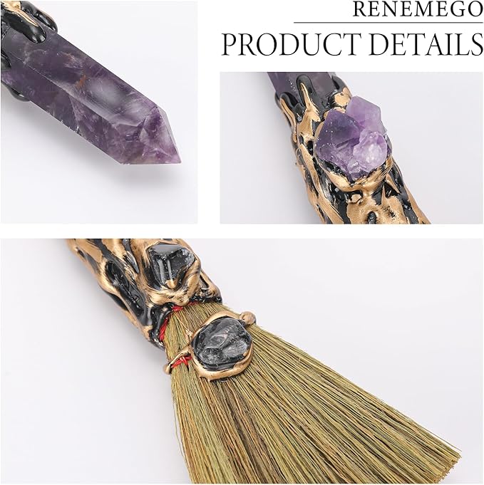 Crystal Witch Altar Broom - Handmade Magic Witch Broomstick with Amethyst Natural Healing Crystals Stones Hexagonal Points Reiki Energy Balancing Chakra Meditation Therapy Gift 8 Inches