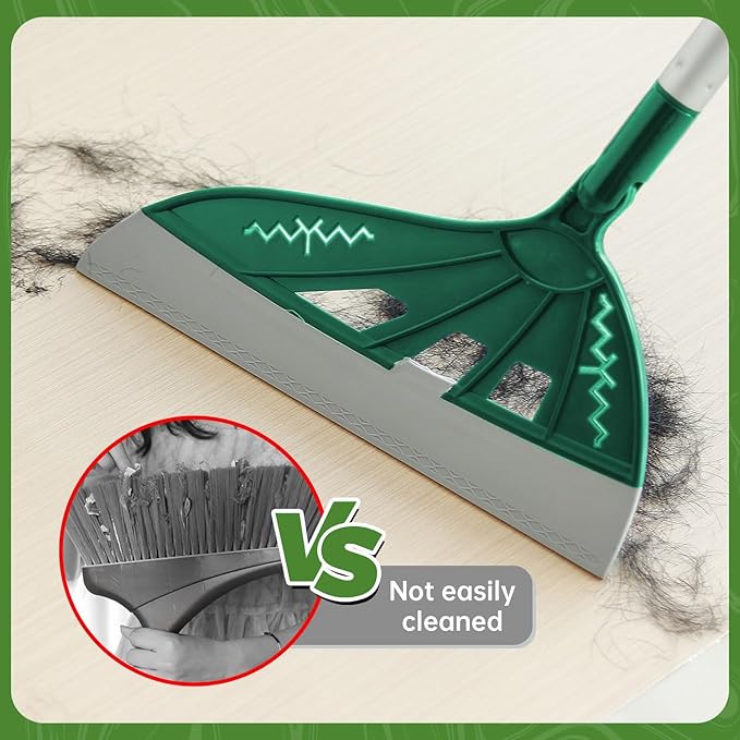 Air Broom for Household Cleaning, Silicone Broom with Adjustable Height&Angle Aluminum Handle, Squeegee Broom for Wet&Dry Messes, Hair, Liquids, Glass, Bathroom, Kitchen on Smooth Floor (Green)