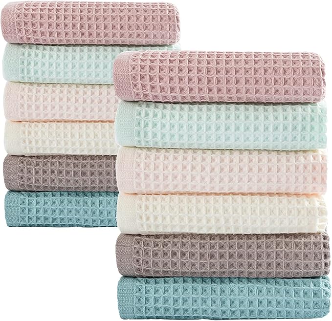12 Pcs 13" x 13" Waffle Weave Kitchen Dish Cloths Set, 100% Cotton Super Absorbent Dish Towels for Washing Dishes & Drying, Multi Color