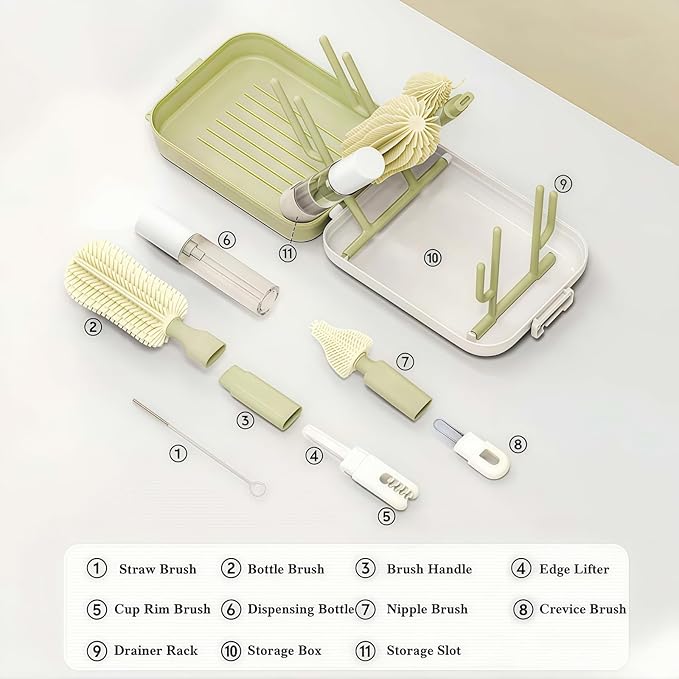 8-in-1 Baby Bottle Brush Set, Silicone Baby Bottle Cleaning Kit with Drying Rack, Portable Travel Brush & Accessories for Home and Travel (Green)