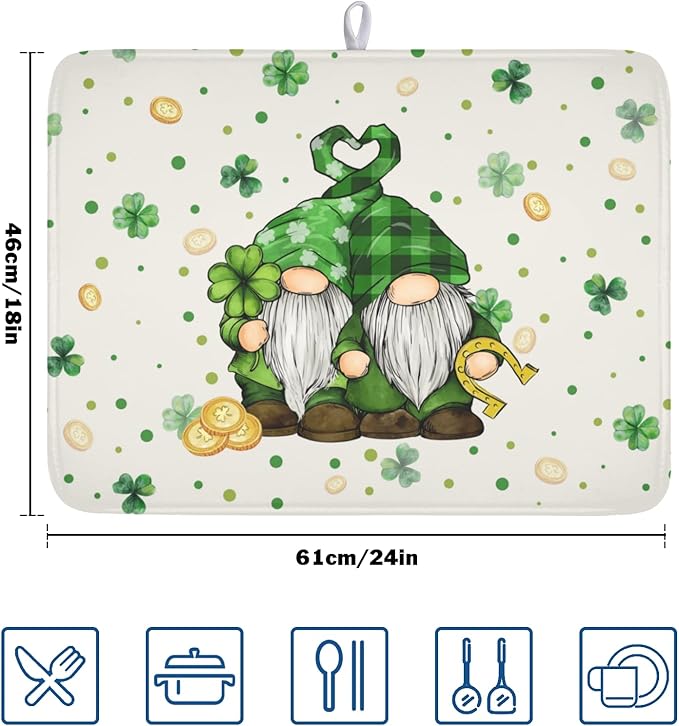 St Patrick's Day Gnome Dish Drying Mat for Kitchen Counter,Inch Lucky Shamrock Gold Coin Drying Mat 18 x 24 Inch with Absorbent Reversible Microfiber Dish Drying Pad for Coffee Bar