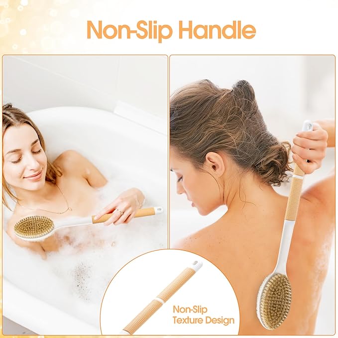 Body Scrubber Anti Slip for Shower, Shower Brush Long Handle with Stiff and Soft Bristles, Body Wash Exfoliating Back Scrubber for Bath or Dry Brushing Body Brush(Orange)