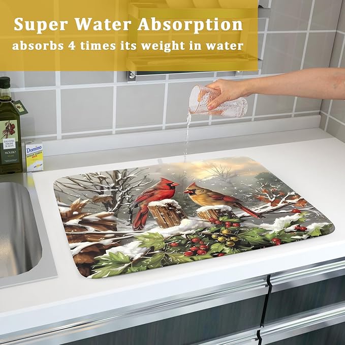Winter Dish Drying Mat for Kitchen Counter 18x24 Inch Red Birds Cardinal Tree Christmas Theme Print Absorbent Reversible Microfiber Drying Mats Kitchen Countertop Protector Dishes Drainer Rack Pad