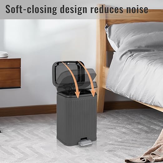 rejomiik Small Bathroom Trash Can with Lid 2.1 Gallon Soft Close Step Slim Garbage Can Waste Bin for Office, Bedroom, Kitchen, Dark Gray