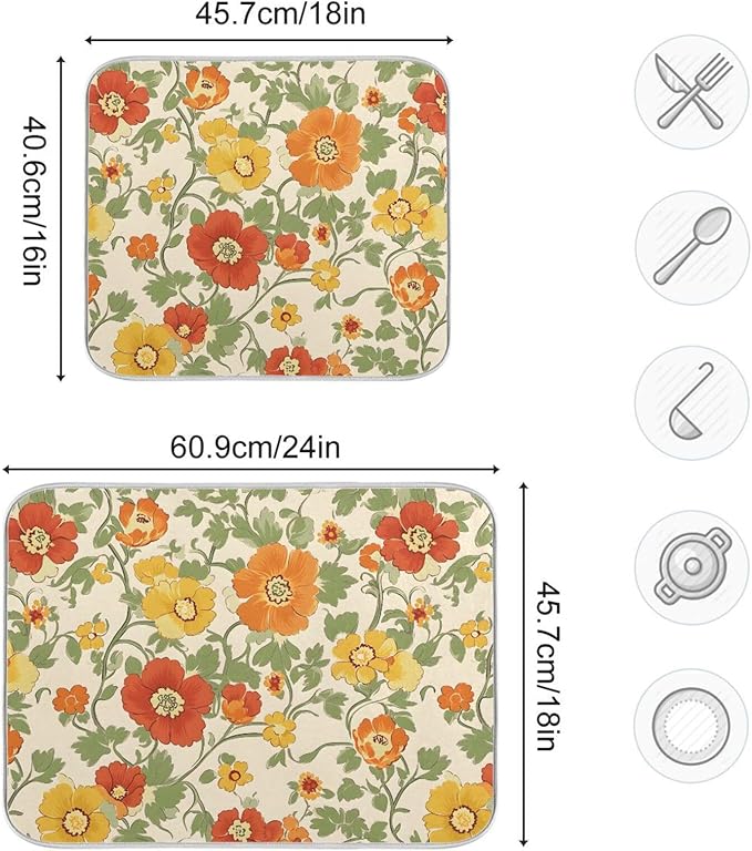 Retro Yellow Orange Flowers Dish Drying Mat for Kitchen Counter Absorbent Microfiber Drying Pad, Medium 16x18 in, Reversible Drainer Mats
