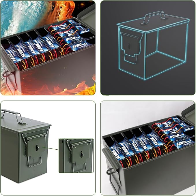Ammo Can&Ammo Box, Fireproof & Waterproof Metal Storage Box - Perfect for Ammo, Lithium Batteries & RC Car Batteries