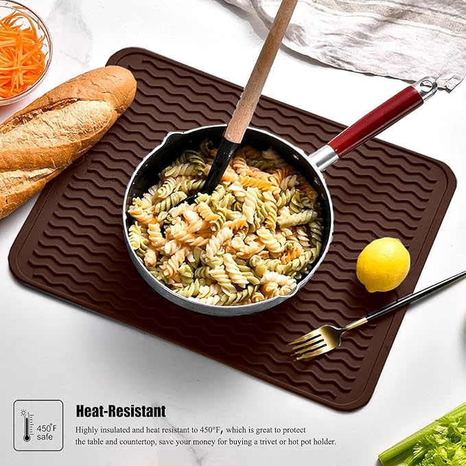 Silicone Dish Drying Mat, Non-Slip Easy Clean Sink Mat Large Heat-resistant Dish Drainer Mat for Kitchen Counter, Sink, Refrigerator or Drawer liner (18" x 16", COFFEE)