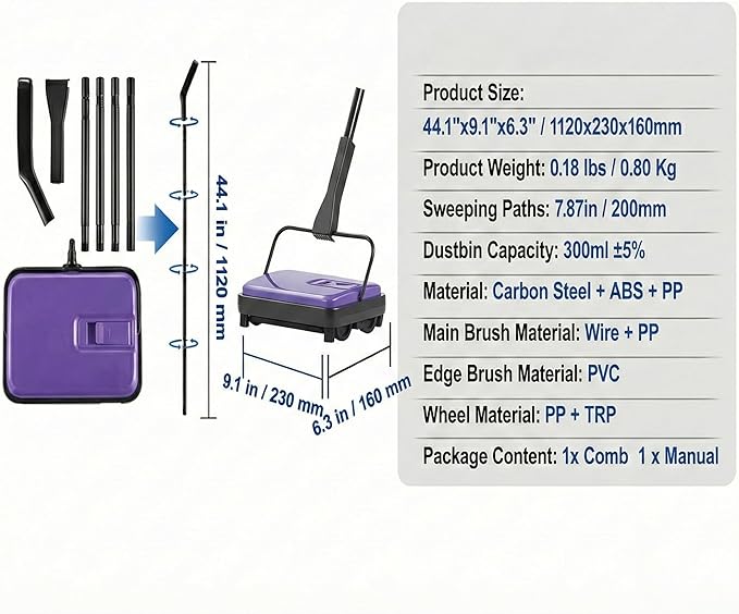 Manual Carpet Sweeper, Electric-Free Quiet Floor Sweeper with 300ml Easy-Empty Dustbin, 6.7” Cleaning Width for Pet Hair, Crumbs, Dust on Carpets, Hardwood, Tile - Home & Office Use (Purple)