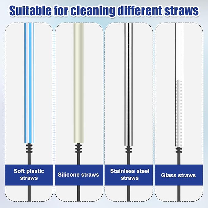 2pcs Silicone Straw Brushes, 6mm+8mm Reusable Hanging Straw Cleaner Brush Extra Long Straw Cleaning Brush Bendable Crevice Brush Pipe Cleaners for Glass Metal Straw (Gray)