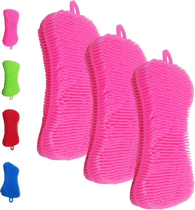 Silicone Dish Sponge - Dishwashing Kitchen Scrubber - Double Sided Sponge Brush - Multipurpose & Reusable Silicone Dish Sponges for Dishes, Fruits & Vegetables Cleaning - Pink (3 Pack)