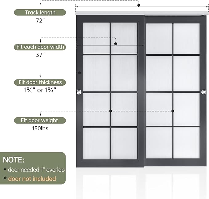 EaseLife 6FT/72in Bypass Double Sliding Pocket Door Hardware Kit, Commercial Grade, Aluminum, Bypassing Closet Doors Track for 2 Door System, Slide Smoothly Quietly, Easy Install,No Door