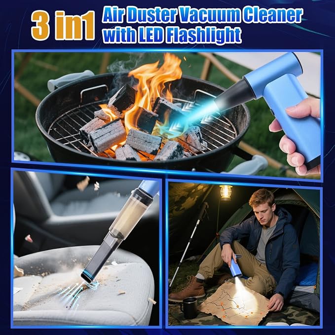 DSHDING Metal Compressed Air Duster - 180000RPM High-Speed Mini Blower Cordless & Vacuum Cleaner with LED Light, 3-Gear Adjustable Rechargeable Dust Blower for PC, Keyboard, Outdoor, House and Car
