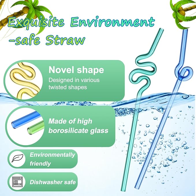 Yinkin 6 Pcs Wavy Glass Straws Reusable Curved Straw Shatter Resistant with 2 Cleaning Brushes Clear Silly High Borosilicate for Kids Adults Smoothies Juice (Colorful, 10 Inch)