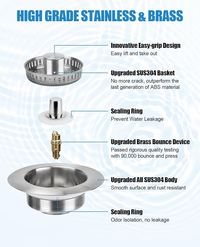 Kitchen Sink Drain Strainer, 3 in 1 All Stainless Steel Sink Strainer, Pop Up Sink Stopper with Copper Bounce Core, Anti-Clog Food Catcher Basket for US Standard 3-1/2 inch Drain (2 Pack)