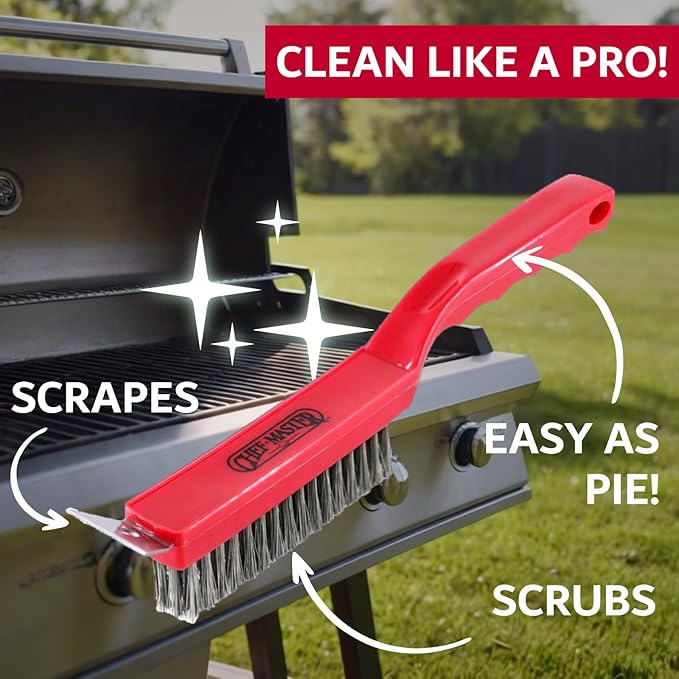 Chef Master Grill Brush with Scraper Head – Heavy-Duty Wire Bristle Cleaner - Grill Barbecue Cleaner for Outdoor - Ergonomic Handle, Outdoor BBQ Tool & Accessories - 90044