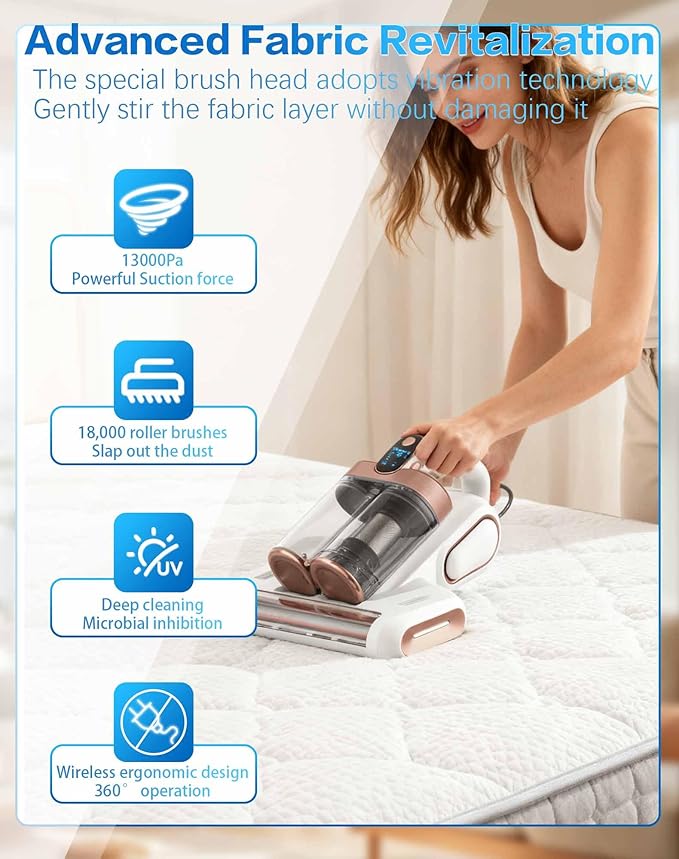 Powerful UV Bed Vacuum Cleaner, Bedroom Guard - Multifunctional Wireless Handheld Mattress Vacuums Cleaners, 13Kpa Heating Cordless Vacuum Cleaner Handheld for Bed, Sofa & Carpet (Blue)