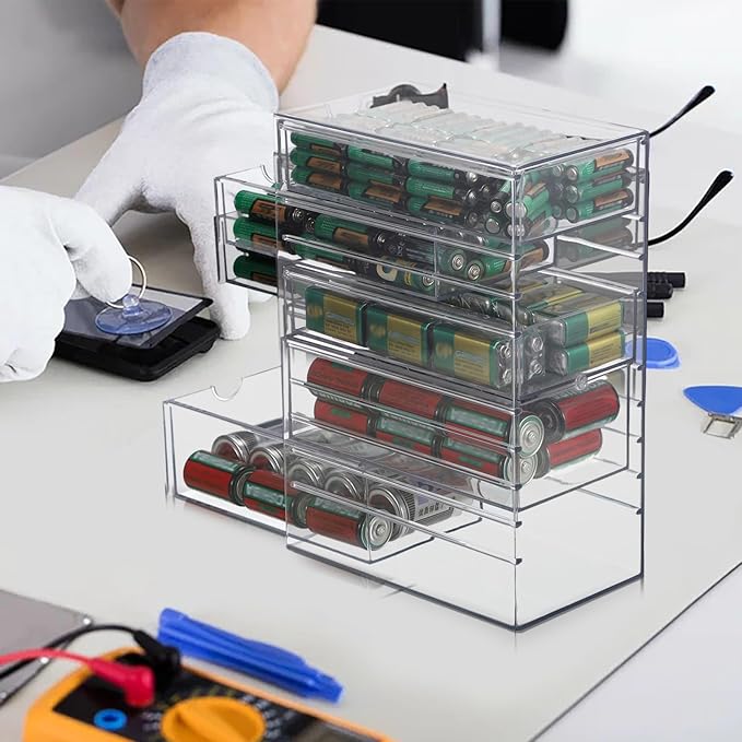 BTSKY Clear Plastic Battery Storage Organizer for AA, AAA, 9V, C, D Batteries, 5-Drawer Storage Box Battery Holder Organizer for Common Types Batteries, Household Container(Batteries Not Included)
