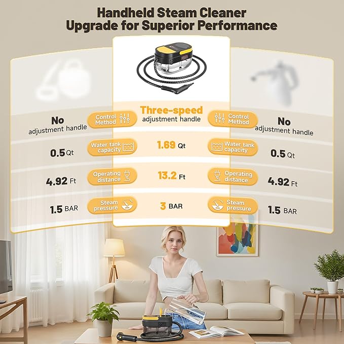 Gautye Steam Cleaner, 3-Level Adjustable Handle, 15s Heat-Up, 1.69 Quarts Tank, Portable Steamer for Cleaning with 11 pcs Accessories, Steam Cleaner for Home for Dirt, Grease, Grout