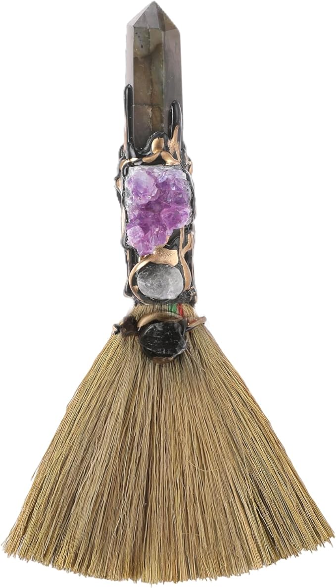 Witch Broom Witchcraft Supplies - Altar Supplies with Labradorite Wiccan Stuff Magic Broomstick with Natural Healing Crystals Hexagonal Points Pagan Reiki Energy Clearing Decor