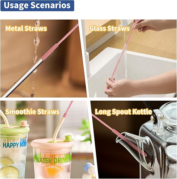 Silicone Straw Cleaner Brush, 2Pcs Reusable Straw Brush Extra Long for Cleaning Tumbler with Handle and Glass Metal Smoothie Straws, Non-slip Handle Soft and Bendable, 6mm+9mm, Pink