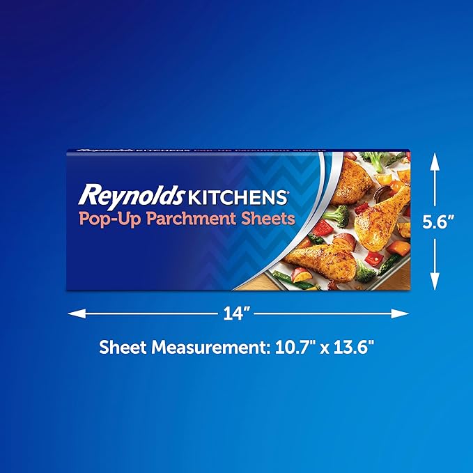 Reynolds Kitchens Pop-Up Parchment Paper Sheets, 30 Count, Fits Standard Baking Pans and Cookie Sheets, Non-Curling, Non-Stick, Pre-Cut, Oven-Safe Up to 425F, 10.75 in x 13.75 in