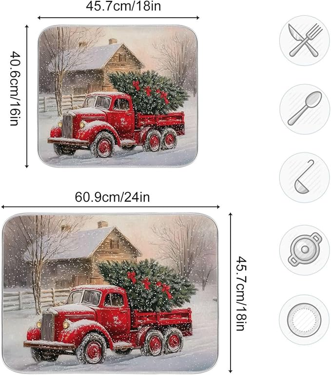 Red Christmas Truck Dish Drying Mat for Kitchen Counter Absorbent Microfiber Drying Pad, Large 18x24 in, Reversible Drainer Mats