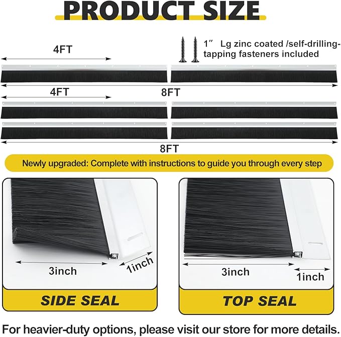 8×8ft Garage Brush Seal Kit for Roll-up Doors 3" Standard Brush with Aluminum Track Weatherproof Door Bottom Seal for Commercial, Warehouse, Barn Sliding, Hangar, and Corrugated Doors