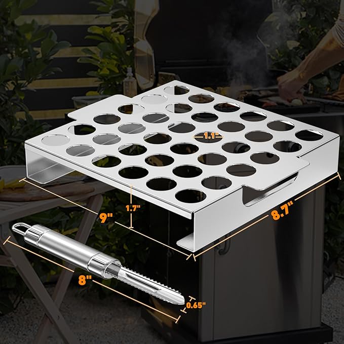 Skyflame Jalapeno Grill Rack with Handle and Chili Pepper Corer Tool - Large 36 Holes Capacity Stainless Steel Drumstick Chicken Wings Roaster for BBQ Smoker and Oven