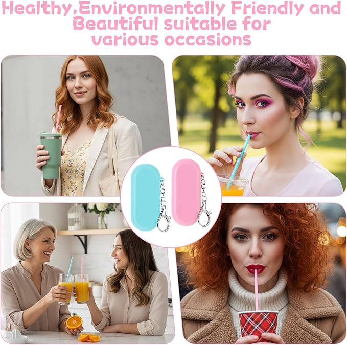 2 Set Travel Straws Reusable with Case, Portable Straw for Hot & Cold Drinks, Foldable Silicone Straws with Cleaning Brush & Keychain (Pink, Blue)