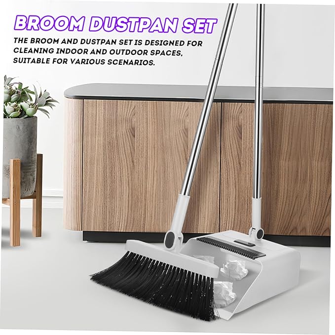 GLEAVI Broom and Dustpan Set 3 in 1 Long Handle Broom with Standing Dustpan Compact Folding Dust Pan Set for Indoor and Outdoor Cleaning