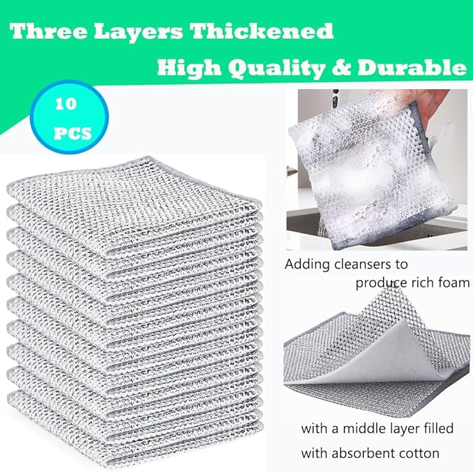 10 Pcs Upgrade 3-Layer Dish Cloth, Non-Scratch Steel, Premium Scrubbing Multipurpose Wire Dishwashing Rag for Wet and Dry, Kitchen Cleaning,Scrubs Dishes, Sinks Cleans,Home Essentials