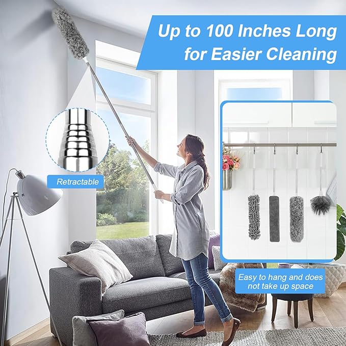 Duster for Cleaning 5-in-1 Kit, 100 Inches Duster with Extension Pole, Extendable Duster, Microfiber Feather Duster, Cobweb Dusters for High Ceilings, Furniture, Blinds, Wall- Grey