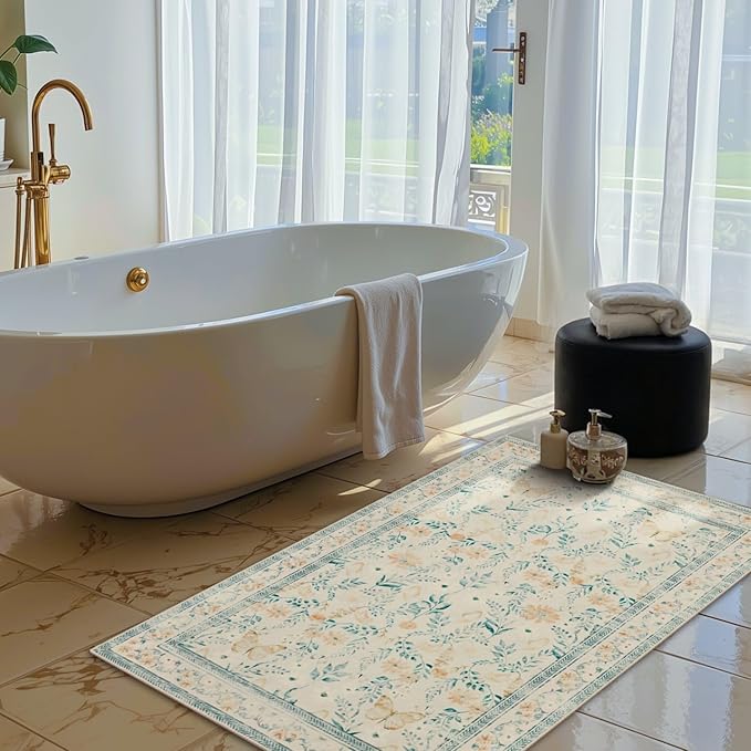 Door Mat Floral Entryway Rug, Washable Samll 2x3 Rug, Boho Beige Front Door Mat, Non Slip Area Rugs, Low Pile Throw Accent Carpet for Indoor Entrance, Bathroom and Kitchen(Beige 2x3ft)
