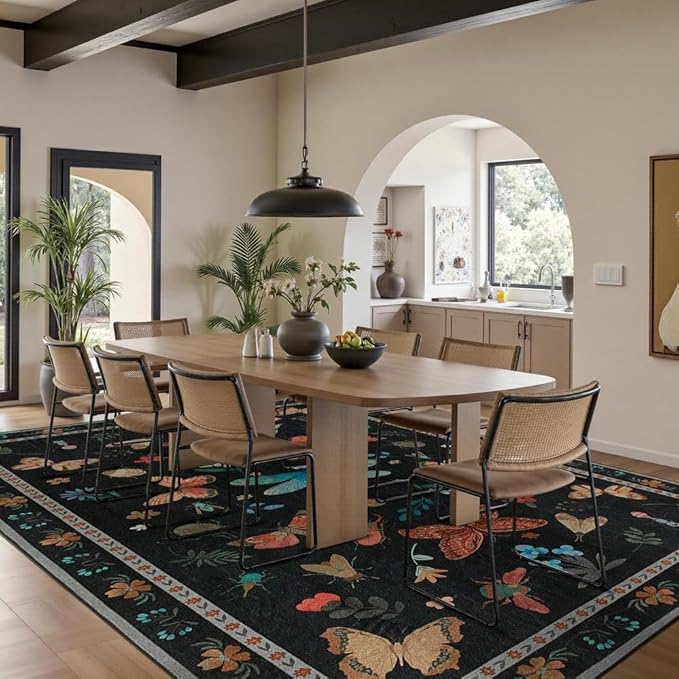 8x10 Washable Area Rugs for Living Room&Bedroom - Floral Boho Vintage Rug,Soft & Non-Slip,Low Pile Wool Carpet for Indoor Dining Room,Girls Room,Nursery Room and Kids Room(Black)