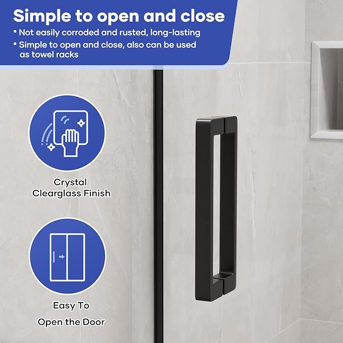 Venice Frameless Shower Door 60 in W x 74 in H,5/16"(8mm) Clear Tempered Glass Door, Bathroom Shower Door with 18 inch Pull Handle, Stainless Steel Hardware Black