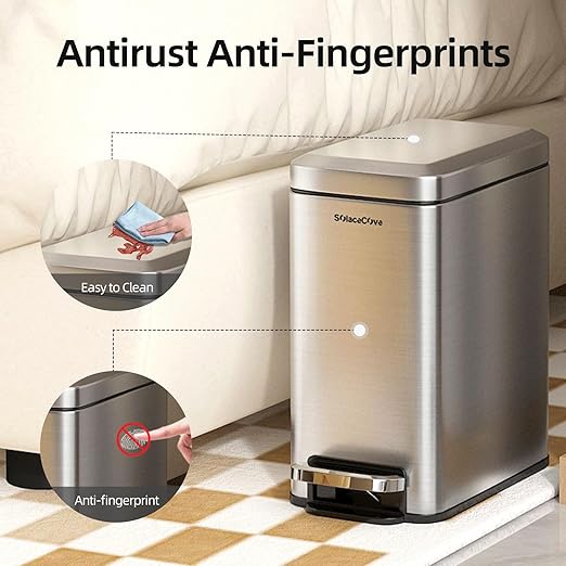 Small Bathroom Trash Can with Soft-Close Lid, 6L/1.6 Gal Stainless Steel Slim Step Garbage Can with Removable Inner Bucket for Bedroom, Bathroom