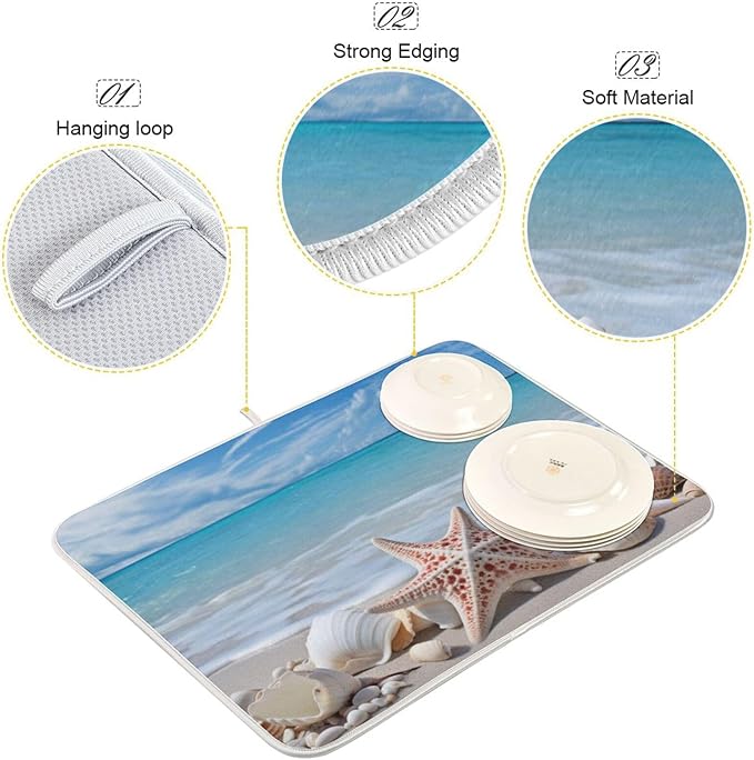 Starfishes Beach Seashells Dish Drying Mat for Kitchen Counter Absorbent Microfiber Drying Pad, Medium 16x18 in