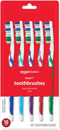 Amazon Basics Clean Plus Soft Bristle Toothbrushes with Angled End-Tuft, Cheek and Tongue Cleaner, Full Size, 10 Count, 1 Pack (Previously Solimo)
