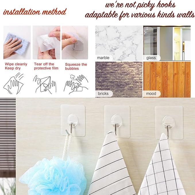 Heavy Duty Adhesive Hooks 33 lb(Max) 15KG,Waterproof and Oilproof Reusable Seamless Hooks Heavy Duty Wall Hook for Kitchen Bathroom Office 14 Pack