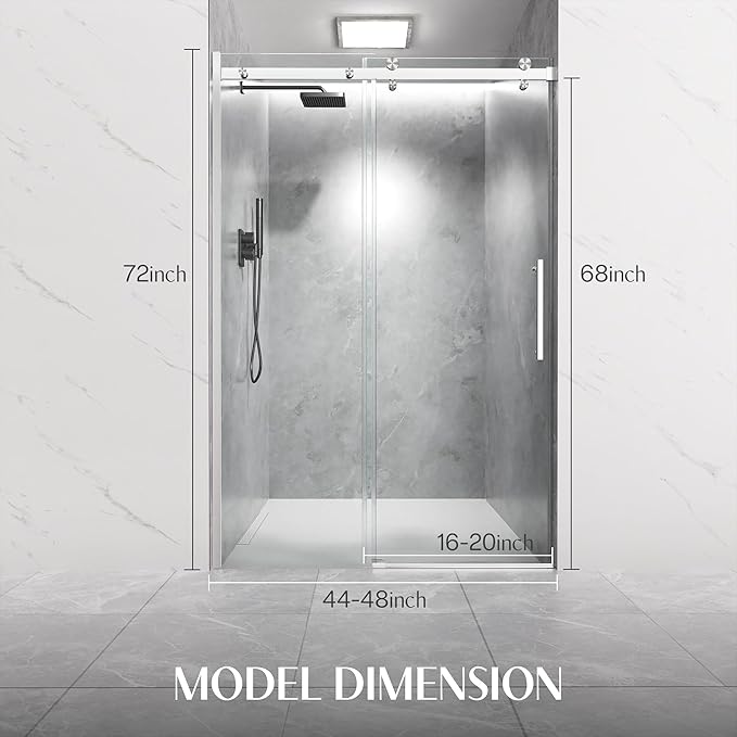 Frameless Sliding Shower Door 44-48" W x 72" H, 5/16" (8mm) Heavy Duty Tempered Glass, Brushed Nickel Finish, Single Sliding Walk-in Shower Glass Door, Reversible Installation, Smooth & Quiet Gliding